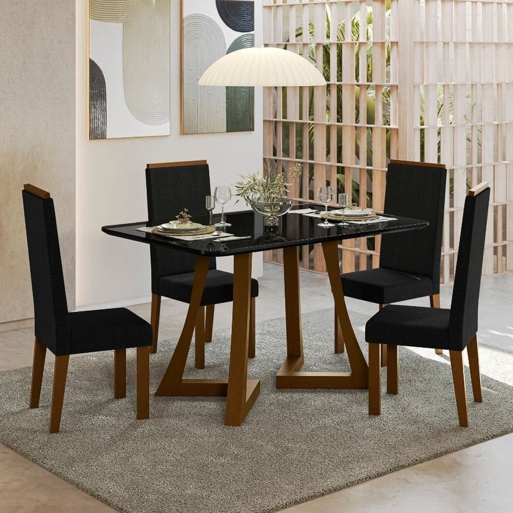 Sala Jantar Ana 136cm Vidro 4 Cadeira Veludo Livia Ambar/Preto