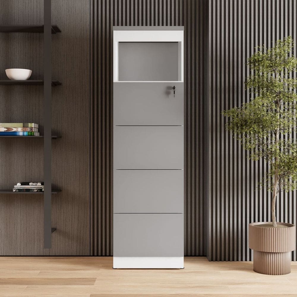 Armário de Escritório 160cm Arquivo 4 Gavetas Puxador Cava Corporate Cinza Sagrado / Branco