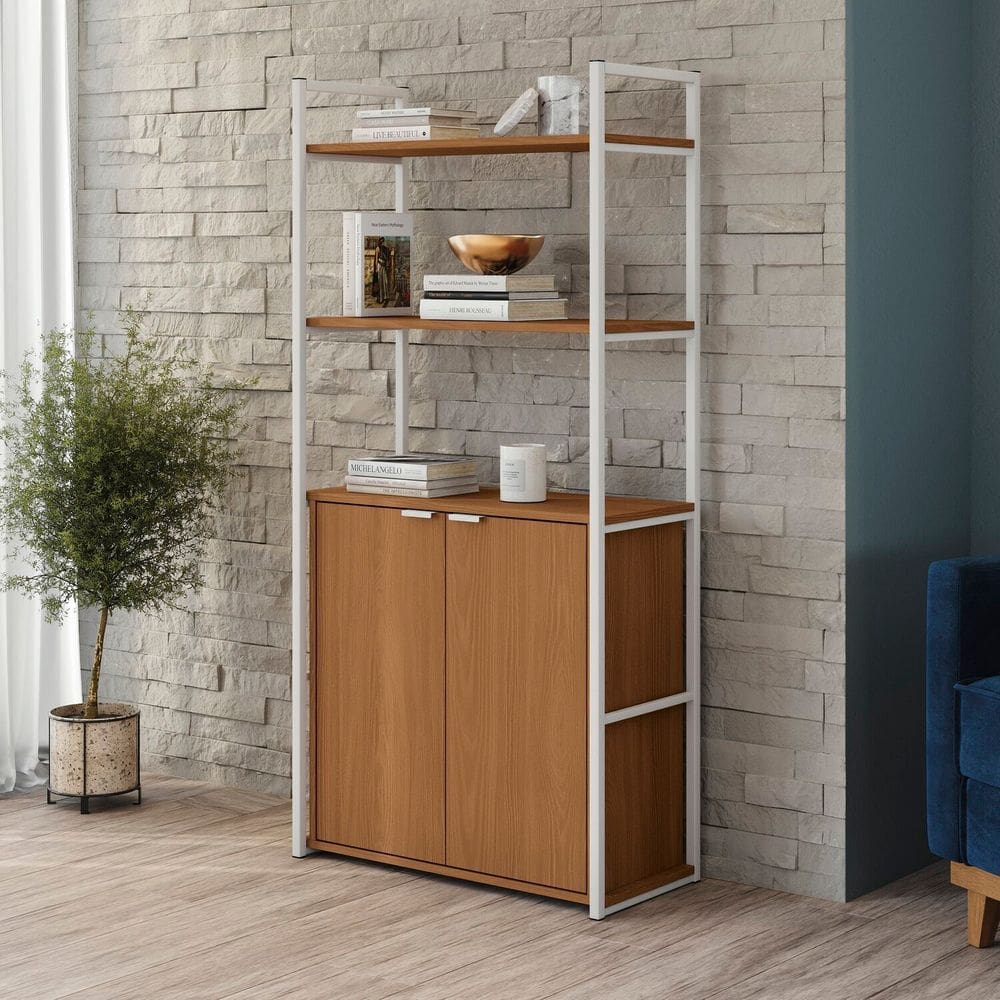 Estante Alta para Livros com 2 Portas Industrial Canela/Branco Brilho