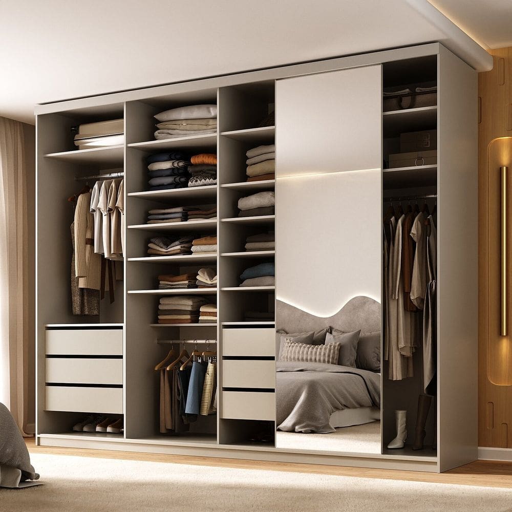 Guarda-roupa Closet Casal 100% Mdf Bp 277,7cm com 1 Porta Espelho 6 Gavetas Sion Panna
