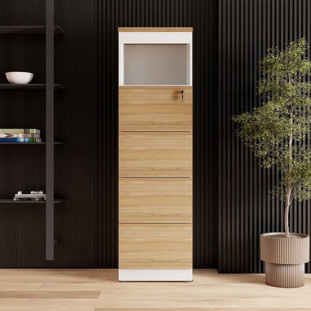 Armário de Escritório 160cm Arquivo 4 Gavetas Puxador Cava Corporate Macadâmia / Branco