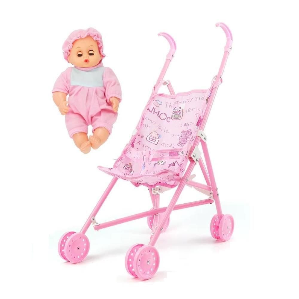 Boneca Bebê Com Carrinho De Passeio Dobrável Infantil Reborn Brinquedo