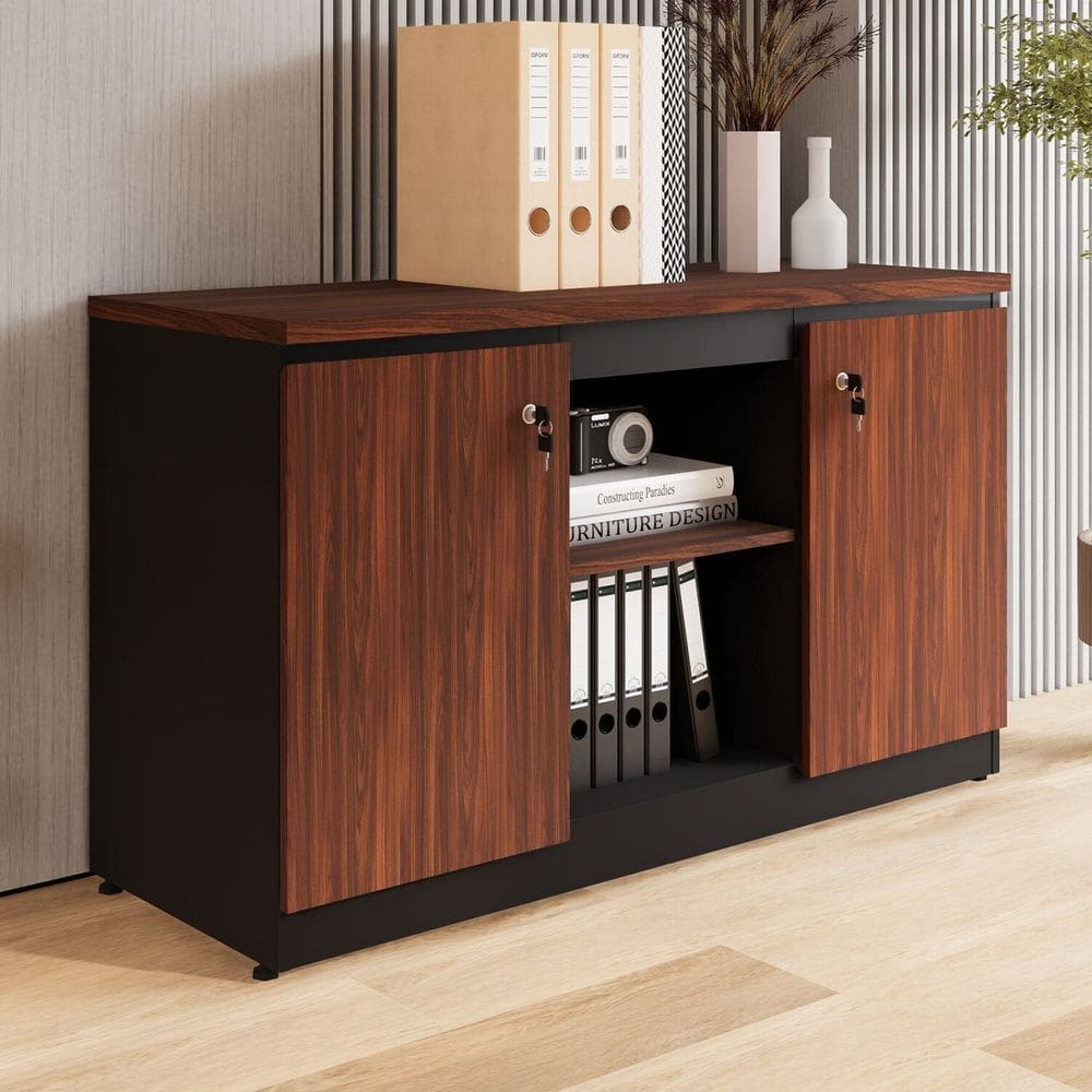 Armário para Escritório 2 Portas com Chaves e Nichos Corporate Louro Preto/ Preto