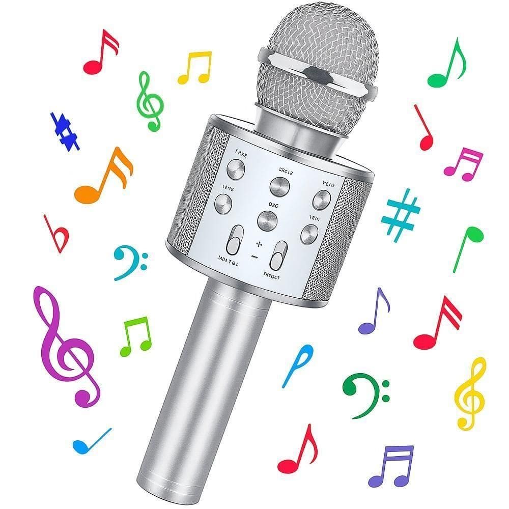 Microfone The Voice Portátil Karaokê Bluetooth Caixa De Som Alto Falante Musical Sem Fio Youtuber Festa Eventos Prata