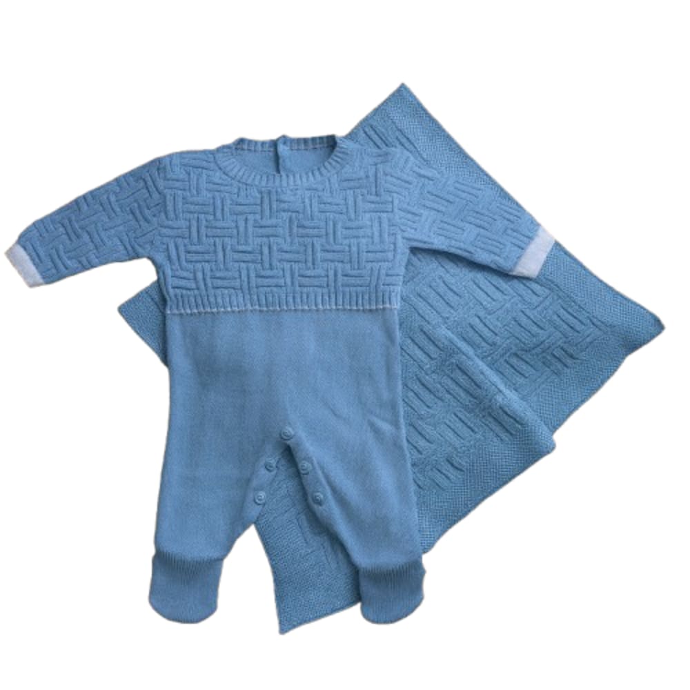 Saída Maternidade de Tricot Luxo Macacão e Manta Bebê Menino