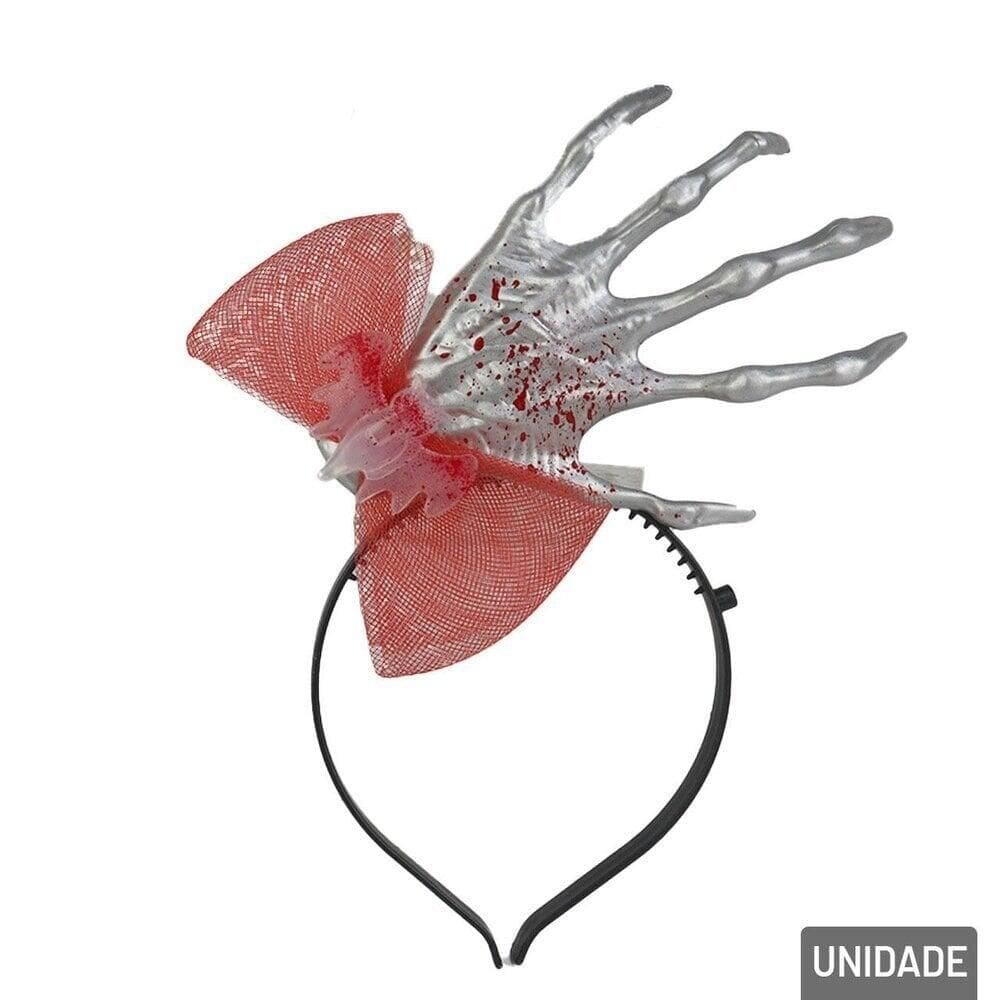 Tiara Halloween Mão Cadáver com Laço Morcego - Tudo em Caixa