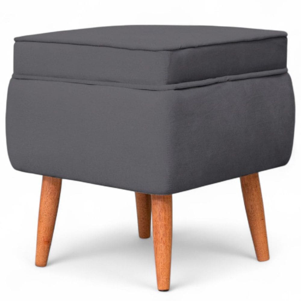 Puff Banqueta Conflex Celine quadrado em tecido veludo Grafite pés de madeira maciça