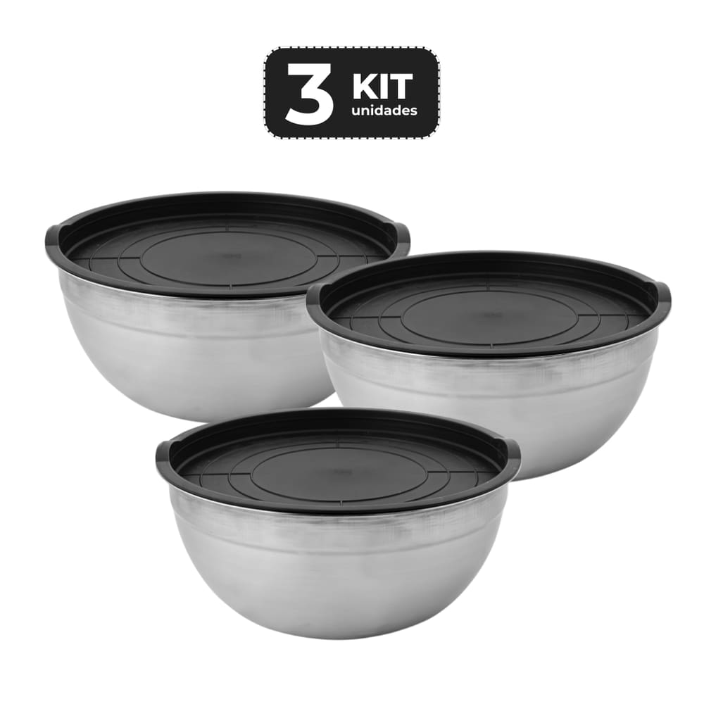 Kit 3 Tigela Bowl 29,6 Cm Ø Em Inox 7 L Com Tampa