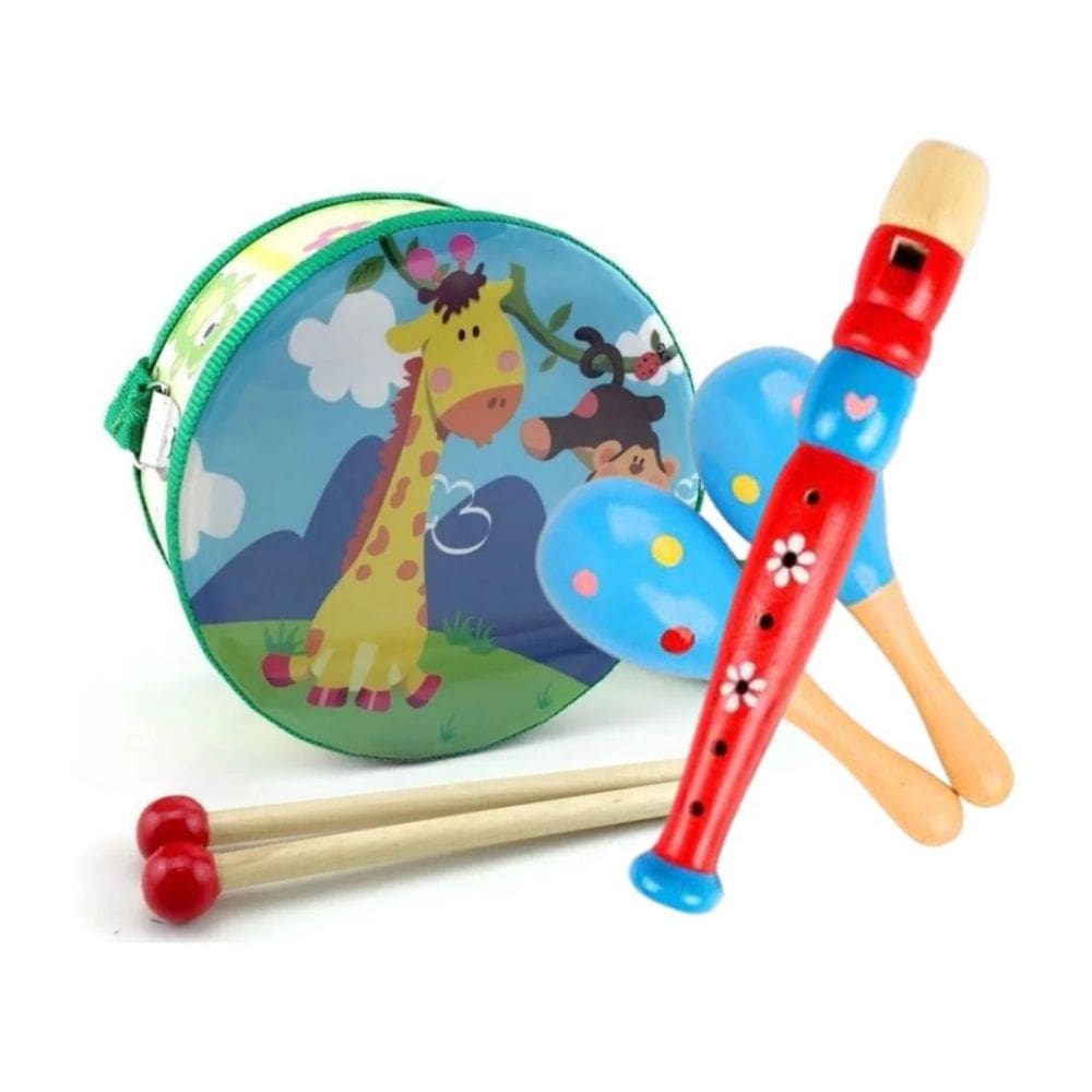 Conjunto musical de brinquedo de madeira para crianças com flauta, tambor e chocalhos