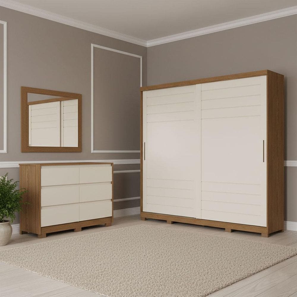 Guarda Roupa Casal Cayman e Cômoda Ravenna Ambiente Nature Off White - Henn