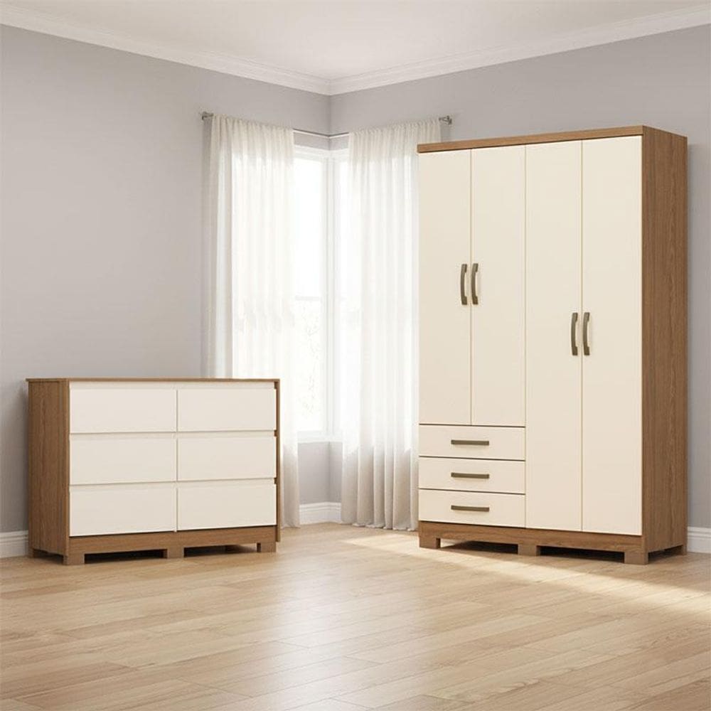 Guarda Roupa Solteiro Caju 4 Portas Ambiente e Cômoda Ravenna Nature Off White - Henn