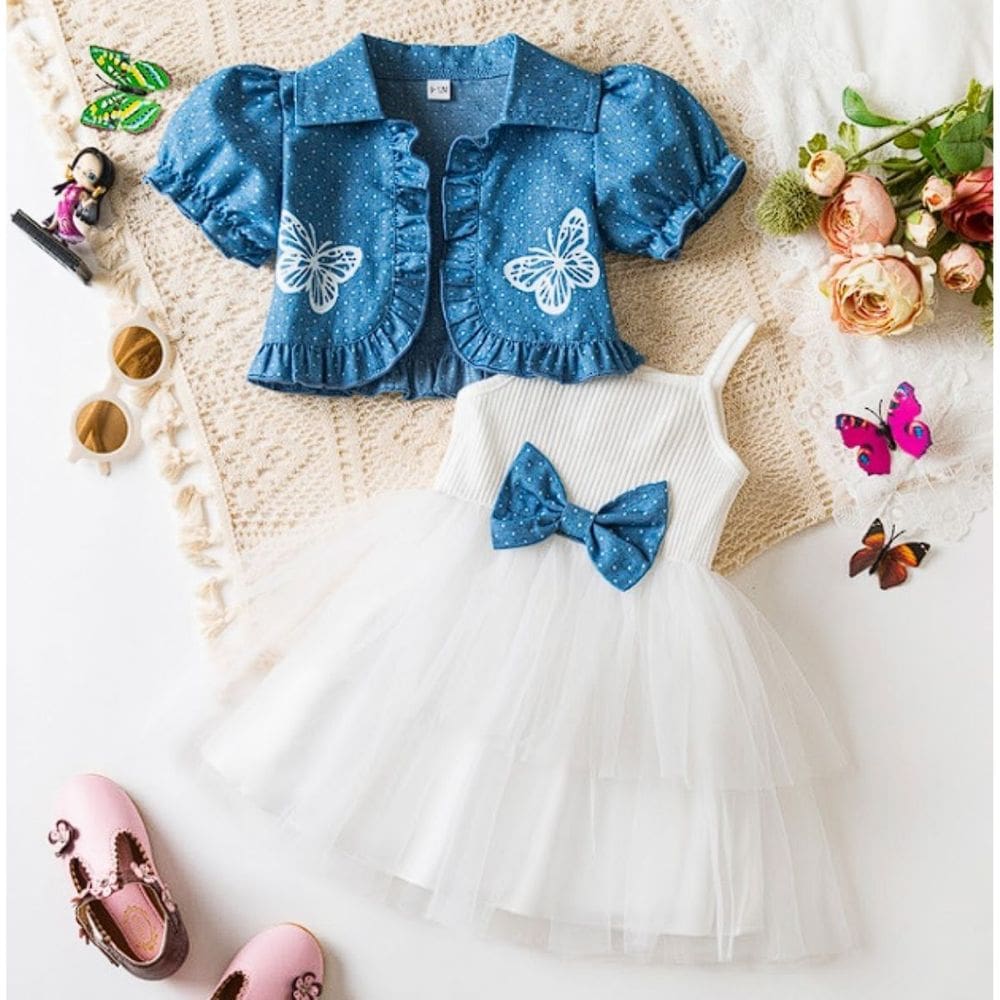 Conjunto Infantil Vestido Branco Casaquinho Jeans Borboletas