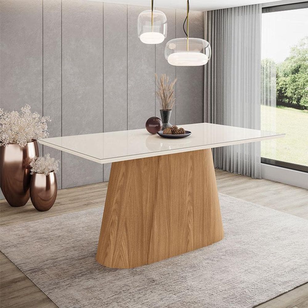 Mesa de Jantar Olivia Ambiente 160 cm Canto Reto com Vidro Nature Off White - Henn