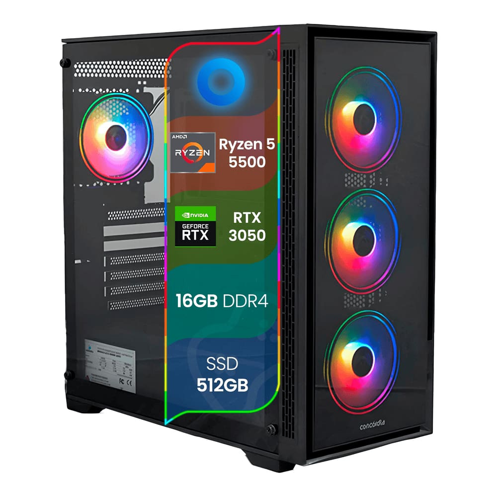 PC Gamer TOP Concórdia Processador Ryzen 5 5500 16GB SSD 512GB Placa 3050 Fonte 600w