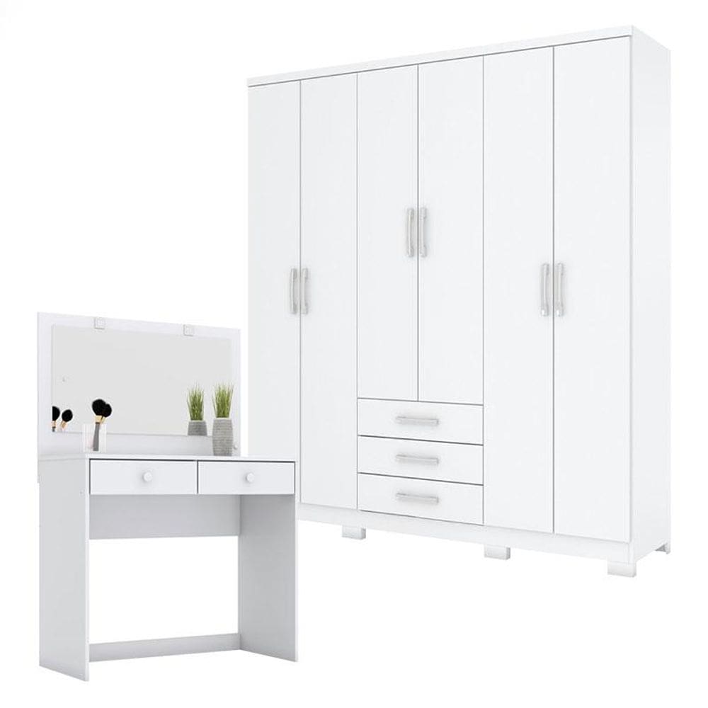 Guarda Roupa Casal Caju 6 Portas e Penteadeira Daila com Led Branco - Henn