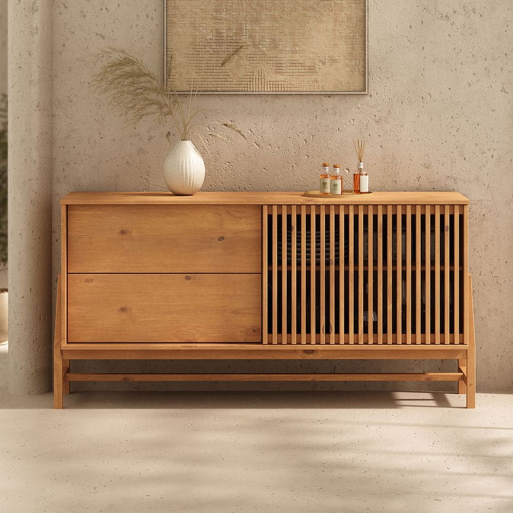 Balcão Ripado Buffet Madeira Compacto 145 cm Porta Deslizante Freijó Adamo