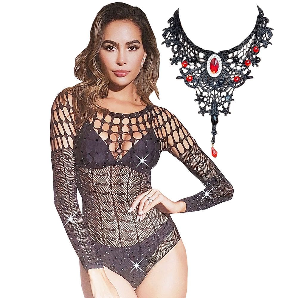 Kit Body Arrastão Strass Morcego 38/42 + Colar Choker Renda Preta - Acessório Fantasia Steampunk Halloween