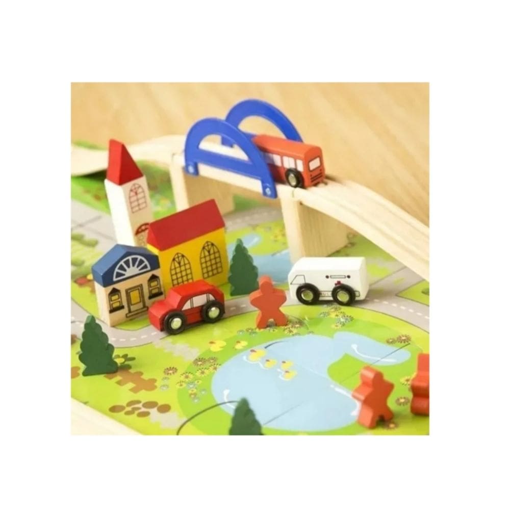 Pista didática de carros urbanos de brinquedo com ponte de madeira