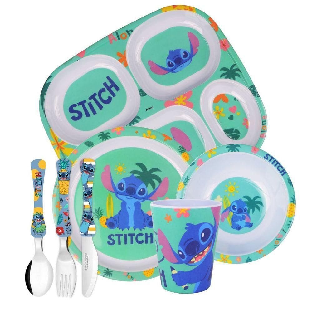 Jogo Refeição Infantil Melamina Stitch Disney Pratos, Tigela, Copo E Talheres Inox - Tuut