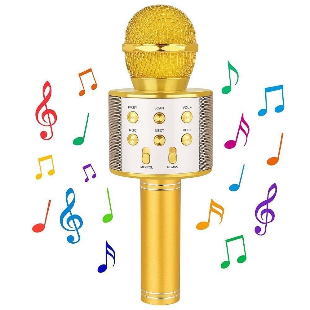 Microfone Karaokê Bluetooth Portátil Infantil Sem Fio Alto Falante Show Festa Escola Youtuber Dourado