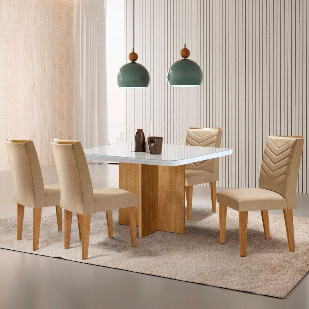 Sala de Jantar Mesa 90cm Olimpia em MDF com Vidro Canto Copo 4 Cadeiras Liz Moderna Mobilia