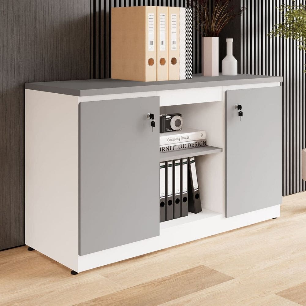 Armário para Escritório 2 Portas com Chaves e Nichos Corporate Cinza Sagrado com Branco