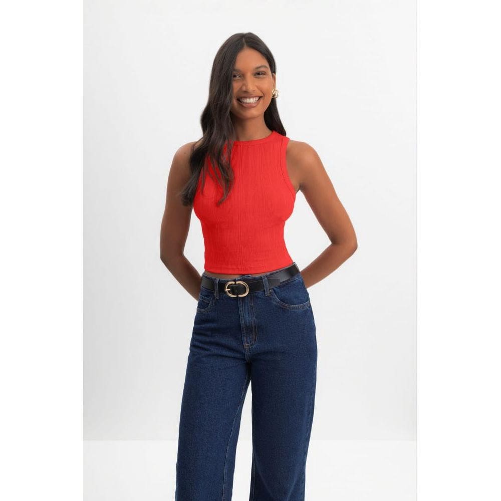 Blusa cropped feminina canelada Essendi Vermelho médio