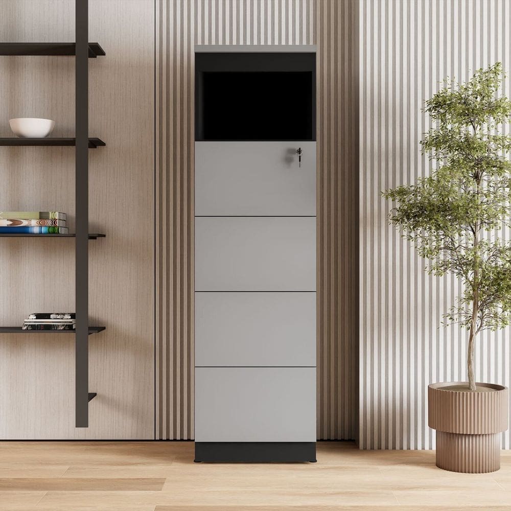 Armário de Escritório 160cm Arquivo 4 Gavetas Puxador Cava Corporate Cinza Sagrado / Preto