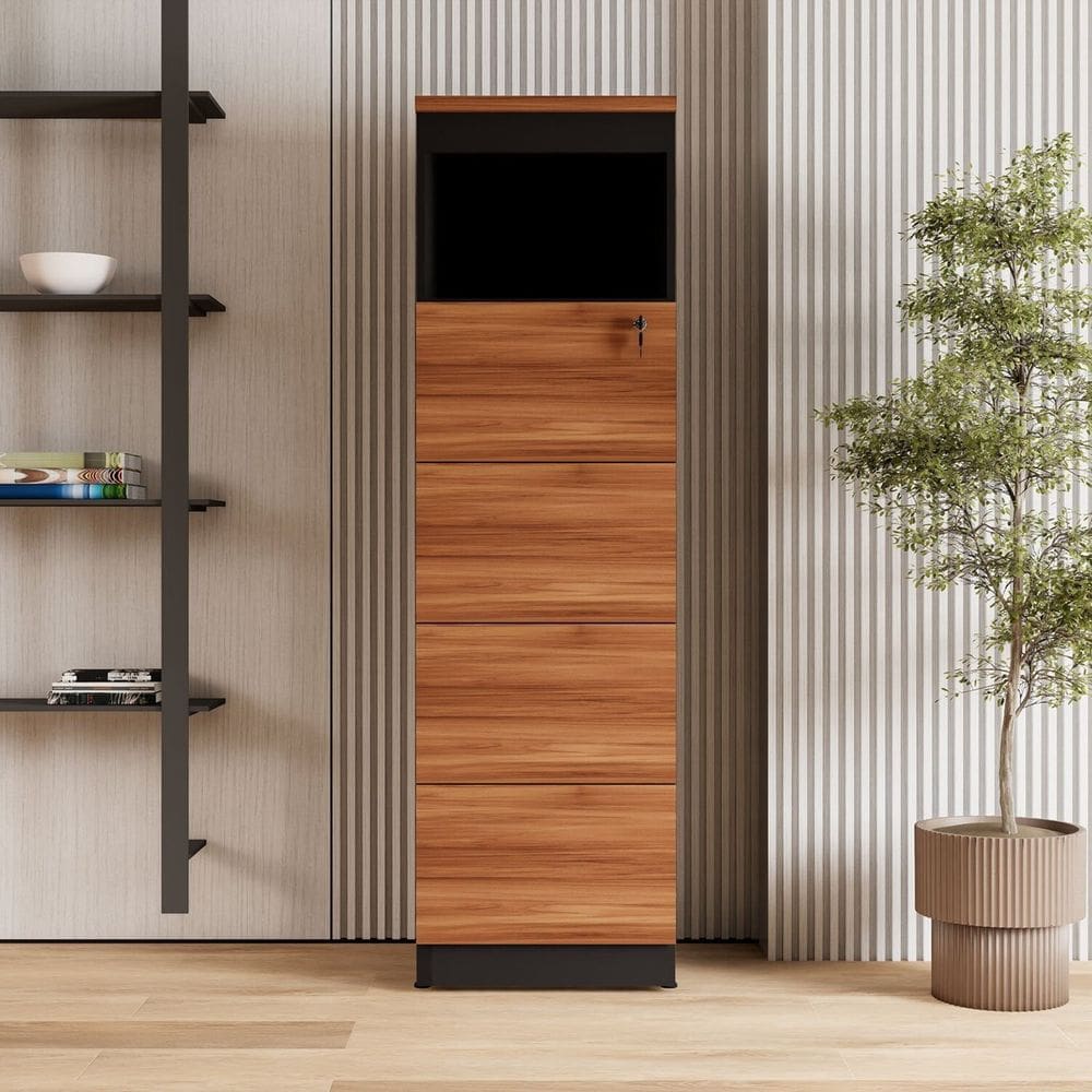 Armário de Escritório 160cm Arquivo 4 Gavetas Puxador Cava Corporate Nogal / Preto