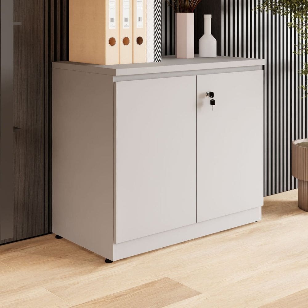 Armário Baixo 80cm para Escritório 2 Portas com Chave Puxadores Cava Corporate Cinza