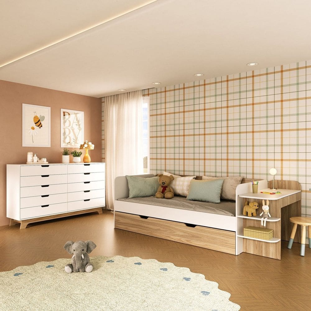Quarto Infantil Cama de Solteiro 3 em 1 e Cômoda 10 Gavetas em MDF Premium Helena e Alice Branco/ Louro Freijó Grann