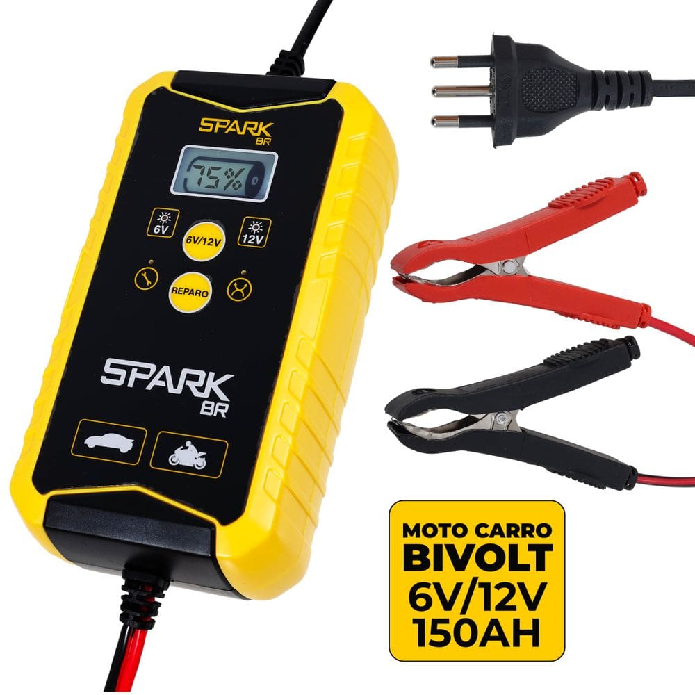 Carregador Automotivo Bateria Inteligente Portátil 6V/12V 150AH Display Digital Indicador Spark BR Proteção Carro Moto Carregamento Automático Bivolt