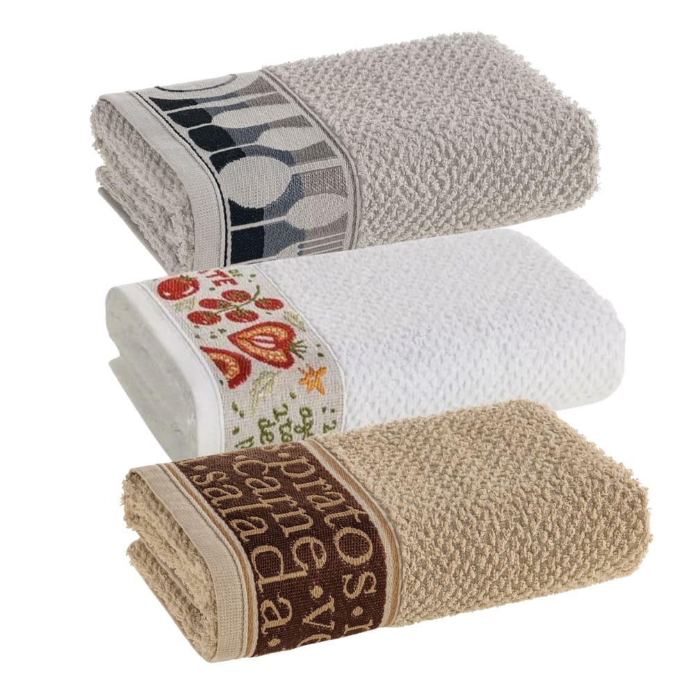 Kit com 3 Panos de Copa Prato Guardanapo Felpudo Karsten 46 x 65 cm Barra Decorativa 3 Cores