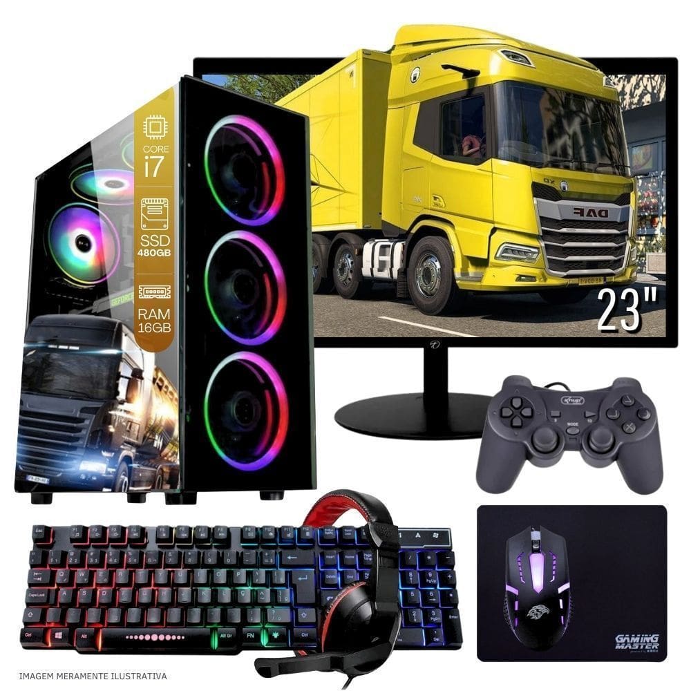 Computador PC Gamer Completo TOB Intel Core i7 SSD 480GB 16GB Teclado Mouse Mouse Pad e Headset Gamer Joystick Monitor 23” Windows 10 Pro Trial