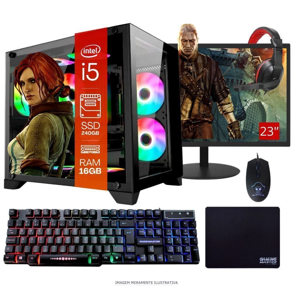 Computador Pc Gamer Completo Tob Intel Core I5 Ssd 240Gb 16Gb Gabinete Aquário Teclado Mouse Mouse Pad E Headset Gamer Monitor 23” Windows 10 Pro Tria
