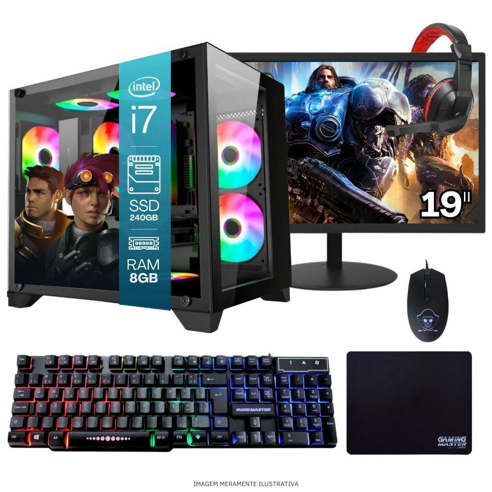 Computador Pc Gamer Completo Tob Intel Core I7 Ssd 480Gb 16Gb Gabinete Aquário Teclado Mouse Mouse Pad E Headset Gamer Monitor 19” Windows 10 Pro Tria