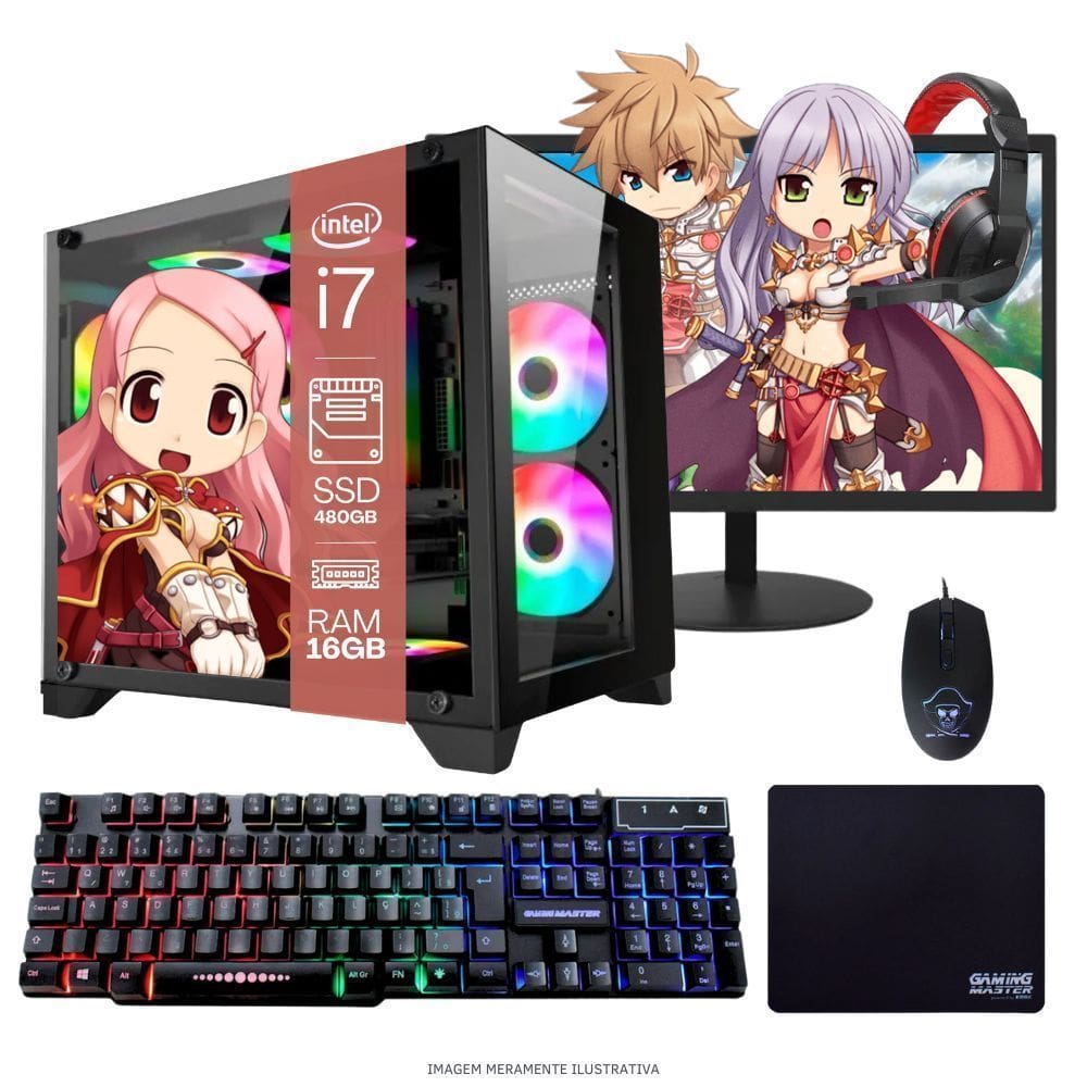 Computador Pc Gamer Completo Tob Intel Core I7 Ssd 480Gb 16Gb Gabinete Aquário Teclado Mouse Mouse Pad E Headset Gamer Monitor 23” Windows 10 Pro Tria