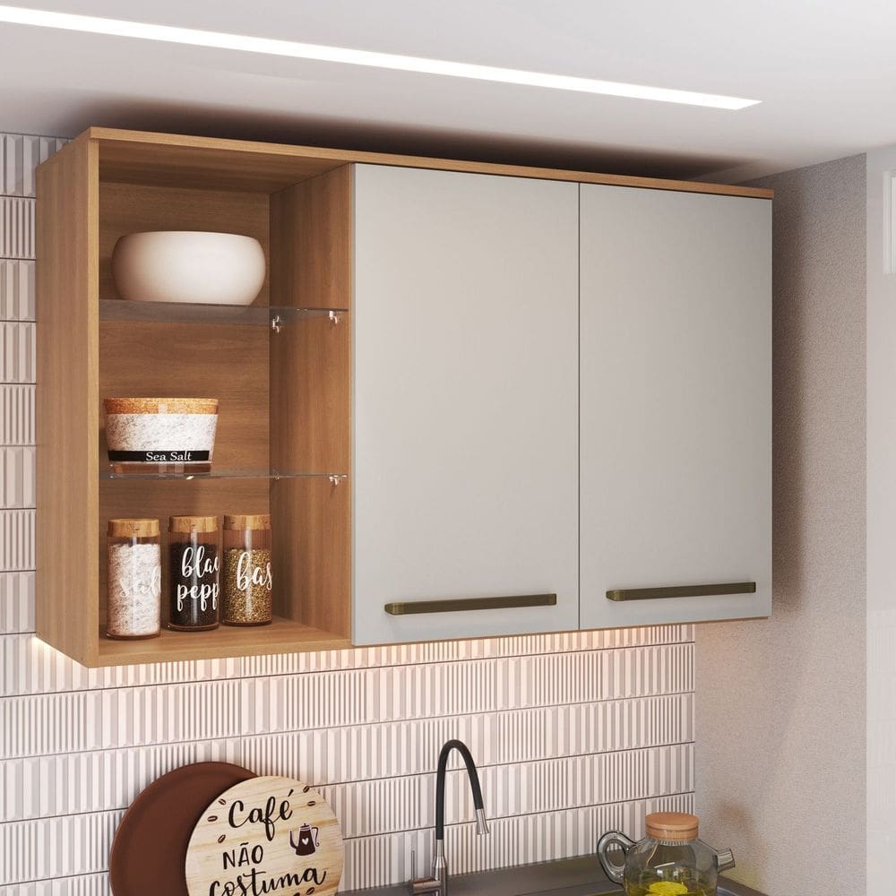 Armário Aéreo 120cm 2 Portas 3 Nichos Prateleira de Vidro Isabelle Freijo/Arenas