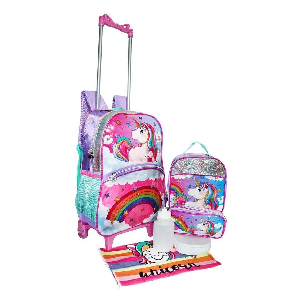 Kit Mochila Feminina Unicórnio Holográfica Rodinhas Escolar
