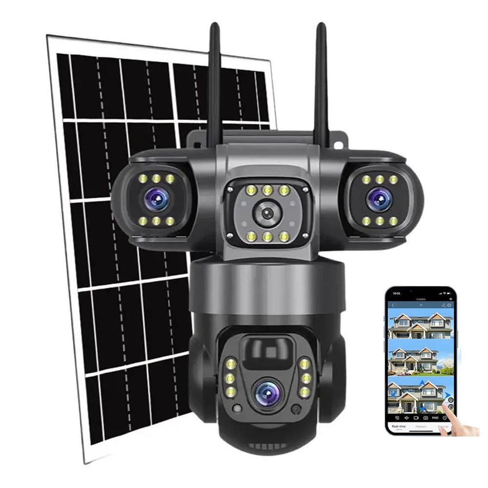 Camera de Segurança Placa Solar Lente Tripla 360 Graus WiFi App HD Sensor Presença Visao Noturna Vigilancia Panoramica