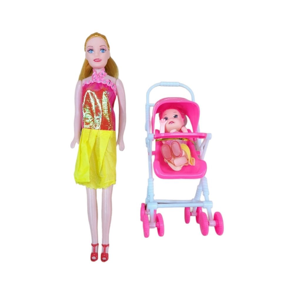 Bonecas mãe e filha com carrinho de bebê amamentando Barbie
