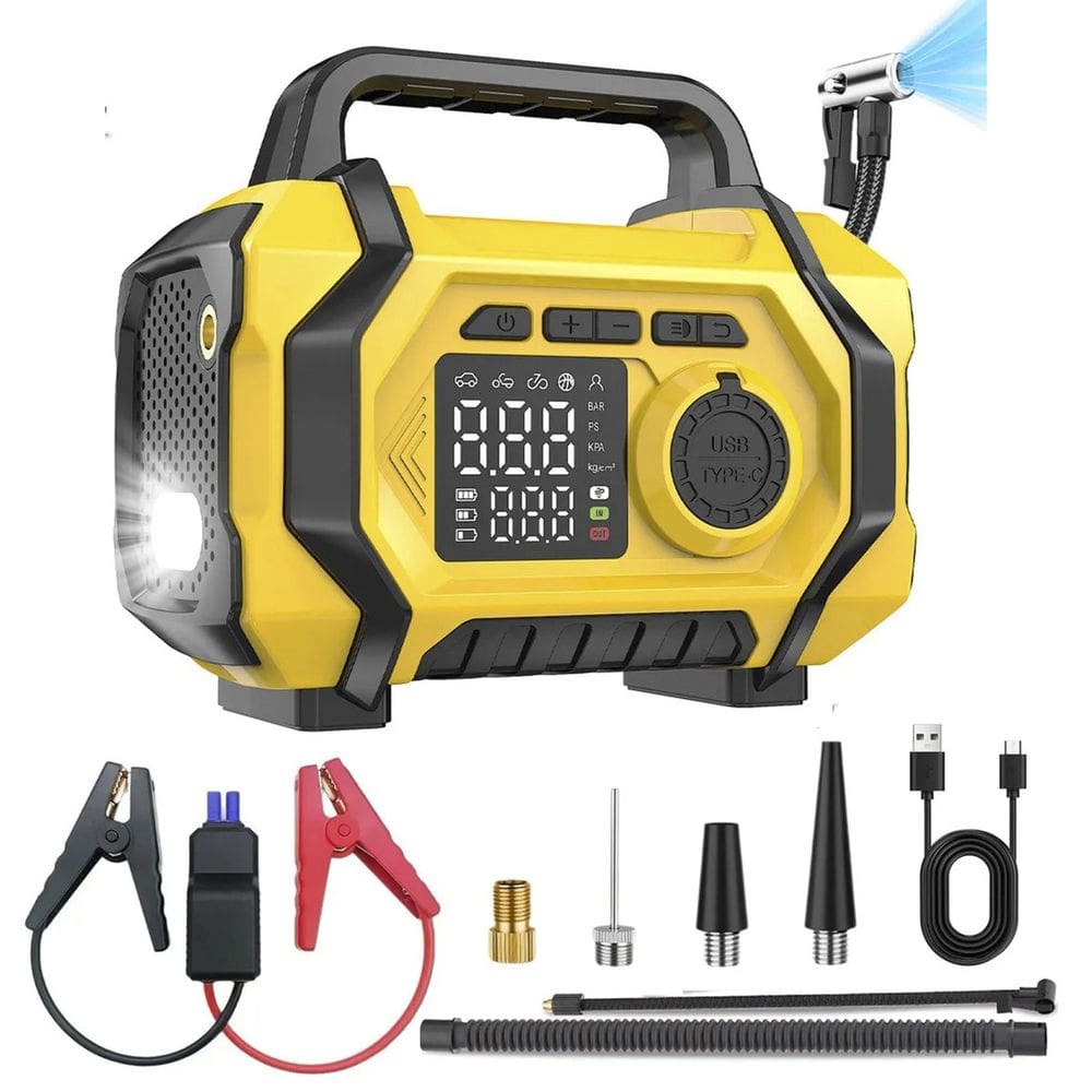 Compressor Ar Auxiliar Partida Chupeta Carro Veiculo Infla Pneu Boia Bicicleta Bike Luz Led Carregador Portatil Camping