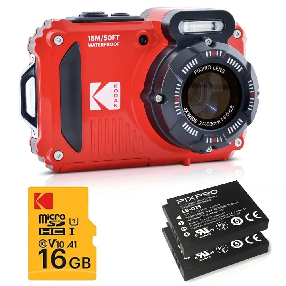 Câmera compacta Kodak PIXPRO WPZ2 à prova d`água (VERMELHO) - kit com 2 baterias e cartão de 16GB