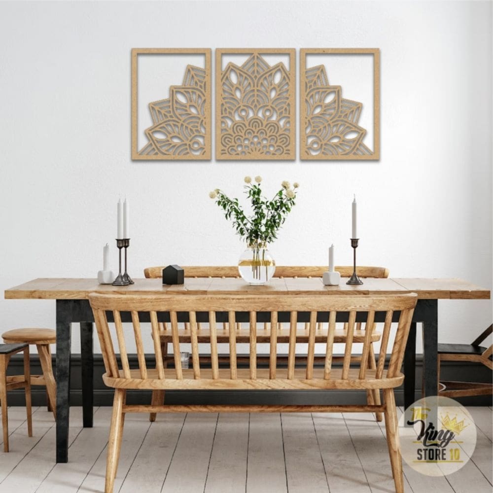 Conjunto de 3 pinturas decorativas de mandala em madeira natural e MDF