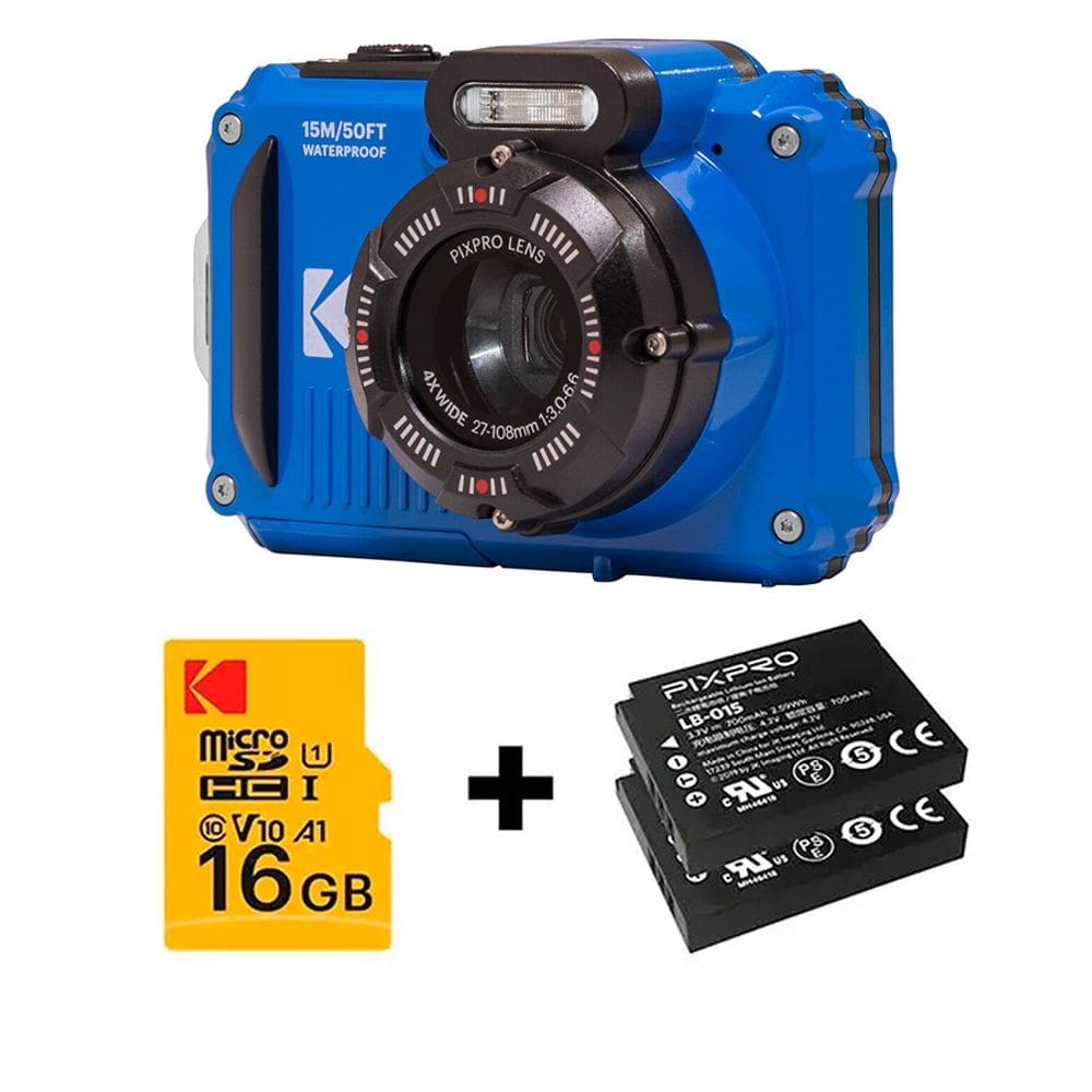 Câmera compacta Kodak PIXPRO WPZ2 à prova d`água (AZUL) - kit com 2 baterias e cartão de 16GB