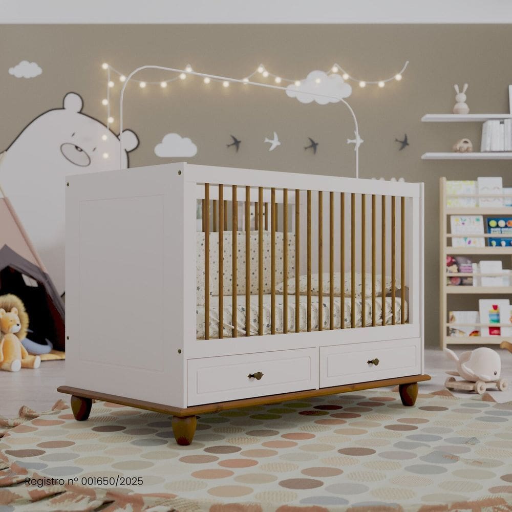 Berço Vira Cama em Mdf 96cm X 79,5cm Joy Off White/Nogueira