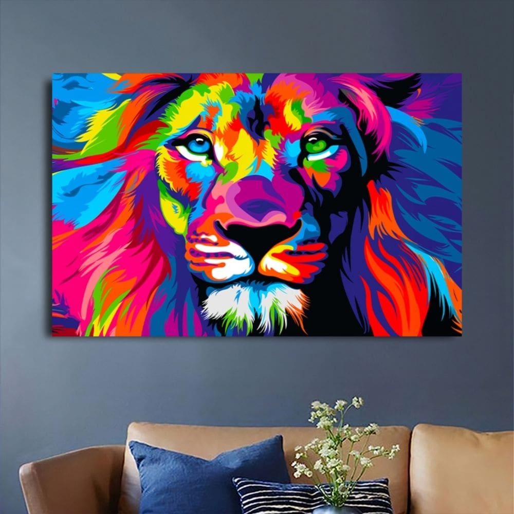 Imagem decorativa de leão colorido em PVC