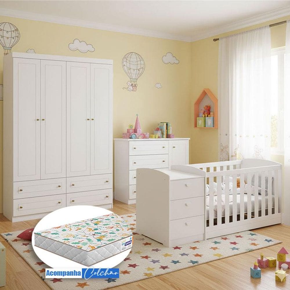 Quarto Infantil Mississipi 4 Portas e Berço Multifuncional Atlanta Ambiente Branco Fosco com Colchão Gazin - Reller