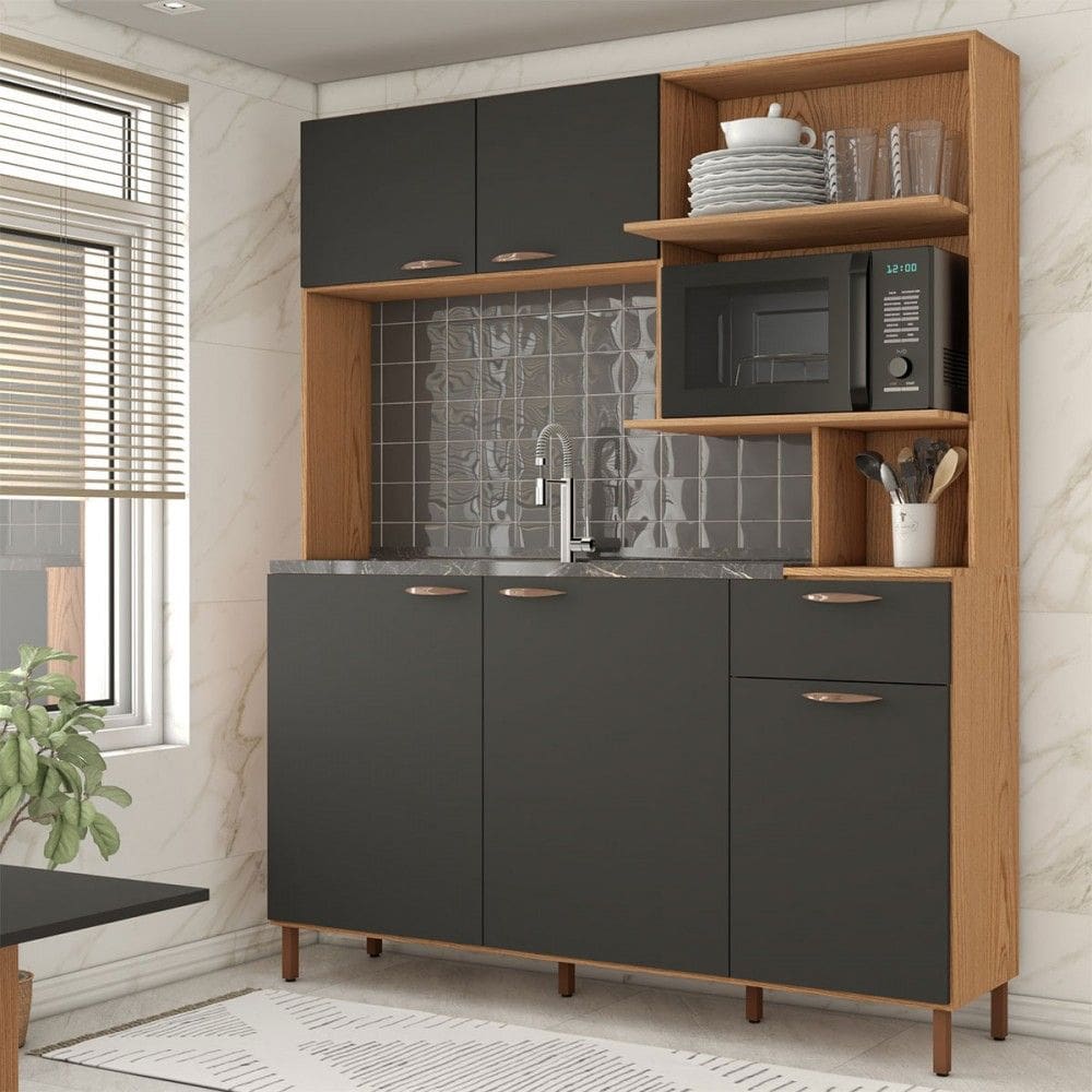 Cozinha Compacta Malu 5 Portas 1 Gavetas Freijó/Grafite Belga - Panorama Móveis