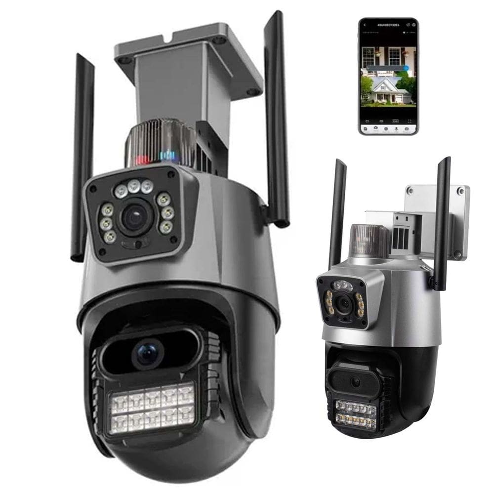 Camera de Segurança Duas Lentes App Wifi Dual Lente Alarme Sirene Sensor Movimento Microfone Visao Noturna Alto Falante